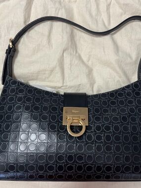 Salvatore Ferragamo Black Shoulder Bag with Gold Hardware